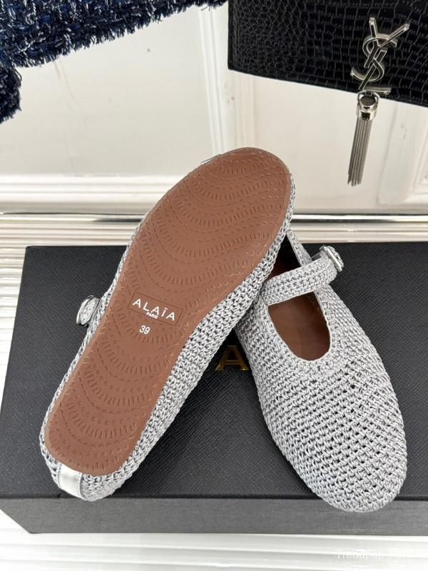 2025 Women AlAIA White Grey Knit Mary Jane Ballet Flat