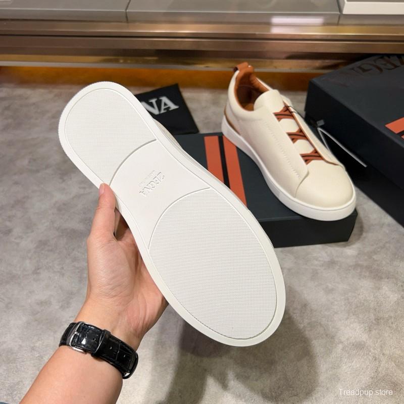 2024 Men Ermenegildo Zegna White Brown Calf Leather Pelletessuta Sneakers Elastic Detail MJ00280