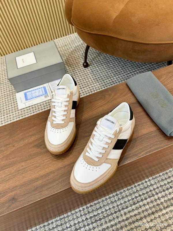 2025 Unisex TOM FORD White Black Beige Leather Suede Sneakers LY00360