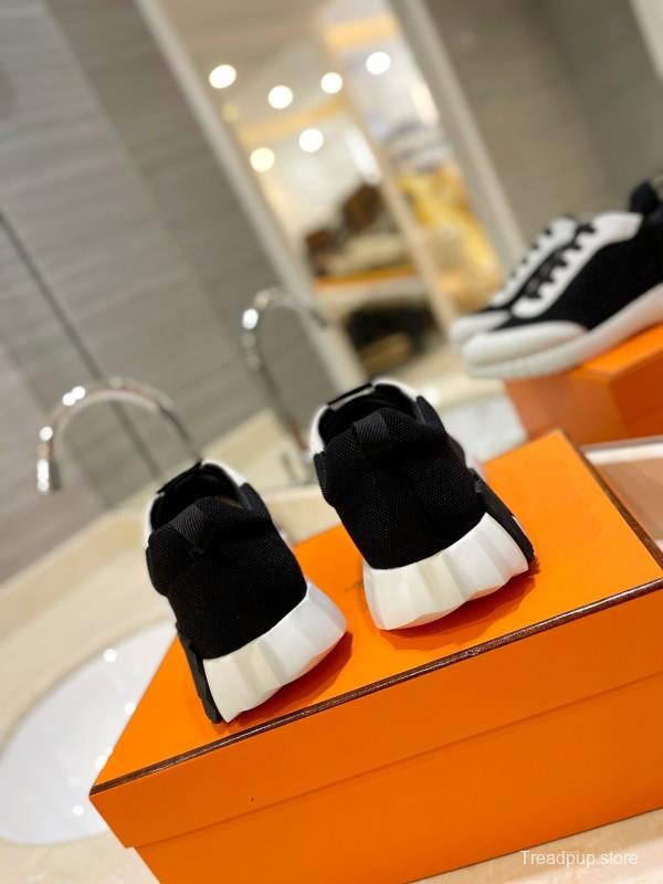 2024 Unisex Hermès Black White Knitted Leather Sneakers