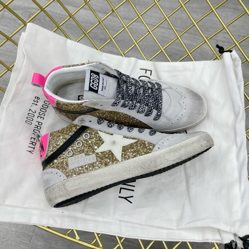 2024 Women GGDB Gold White Leather Glitter High Top Sneakers MJ015AM