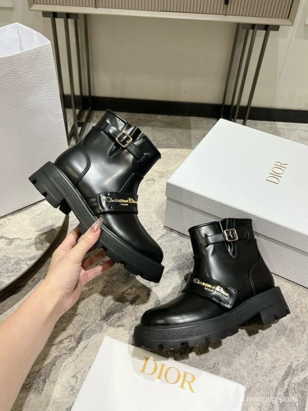 2024 Women Dior Black Leather Ankle Boots Buckle MJ00430