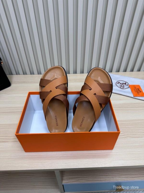 2025 Men Hermès Brown Leather Slippers