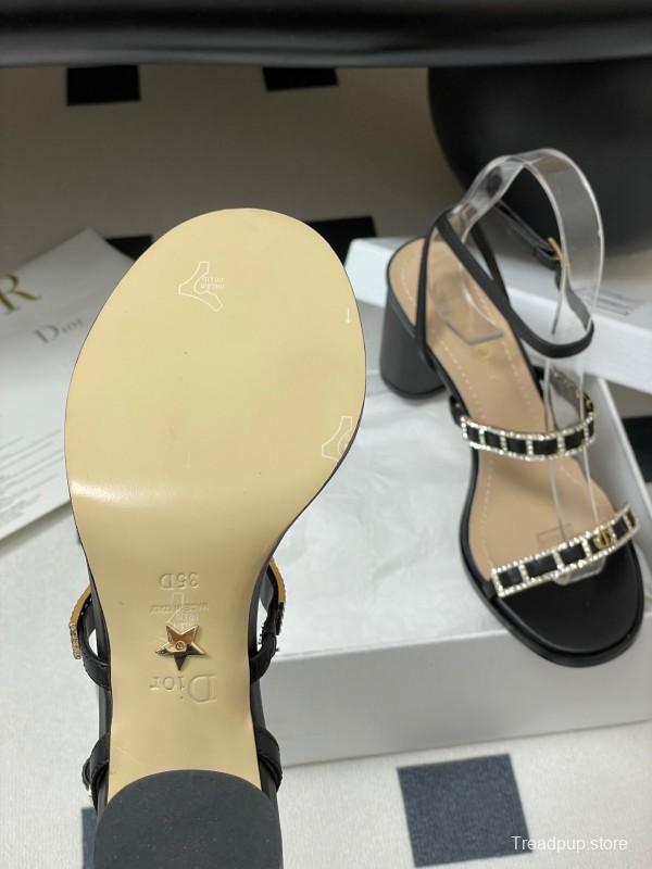 2025 Women Dior Black Leather Crystal Embellished High Heel Sandals