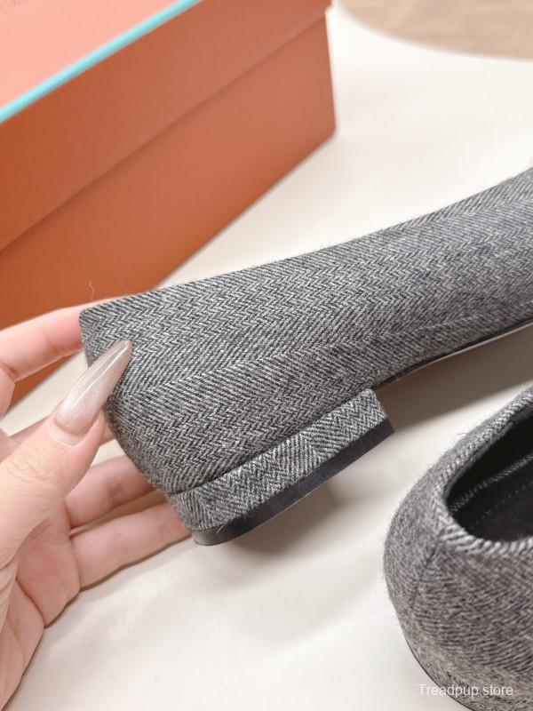 2025 Women LP Grey Black Fabric Leather Pointed Toe Loafers