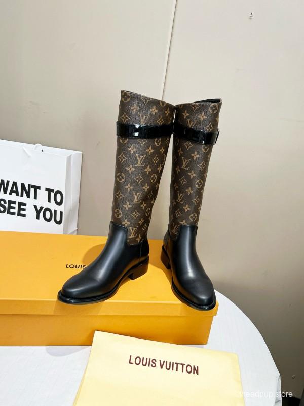 2024 Women Louis Vuitton Brown Black Leather Canvas Boots MJ00400
