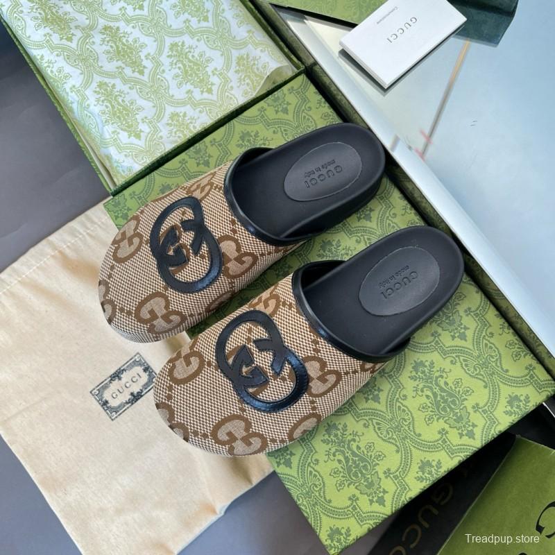2024 Unisex Gucci Beige Brown Leather Slippers GG Pattern MJ00280