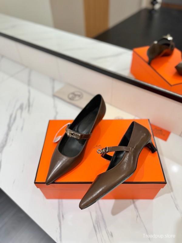 2025 Women Hermès Brown Leather Mary Jane 4cm Heel KFY00330
