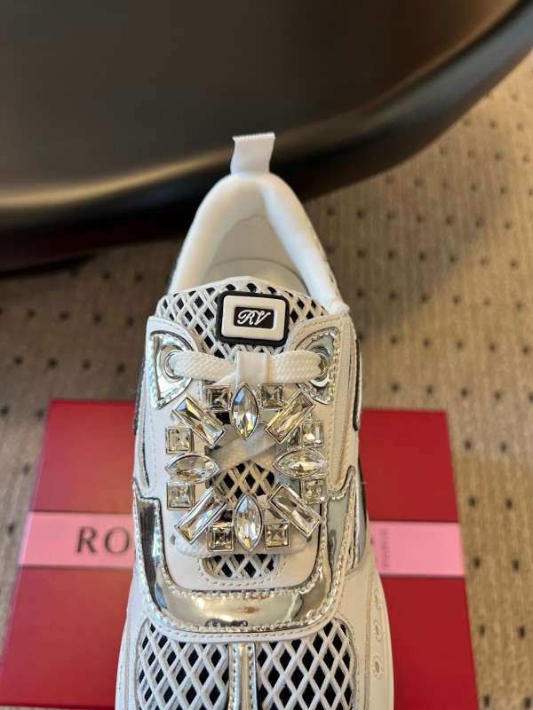 2025 Women Roger Vivier White Black Leather Synthetic Fabric Sneakers KFY00380