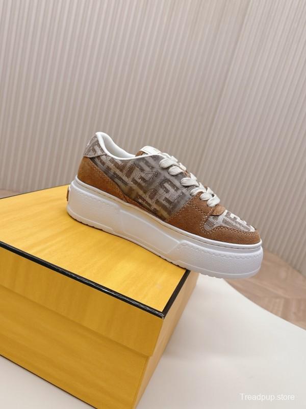 2025 Women Fendi Brown Beige Leather Mesh Sneakers LY00340