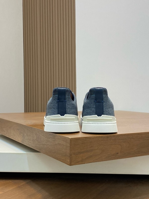 2024 Unisex Ermenegildo Zegna Grey Blue Pelletessuta Calfskin Sneakers Stretch Detail MJ00280