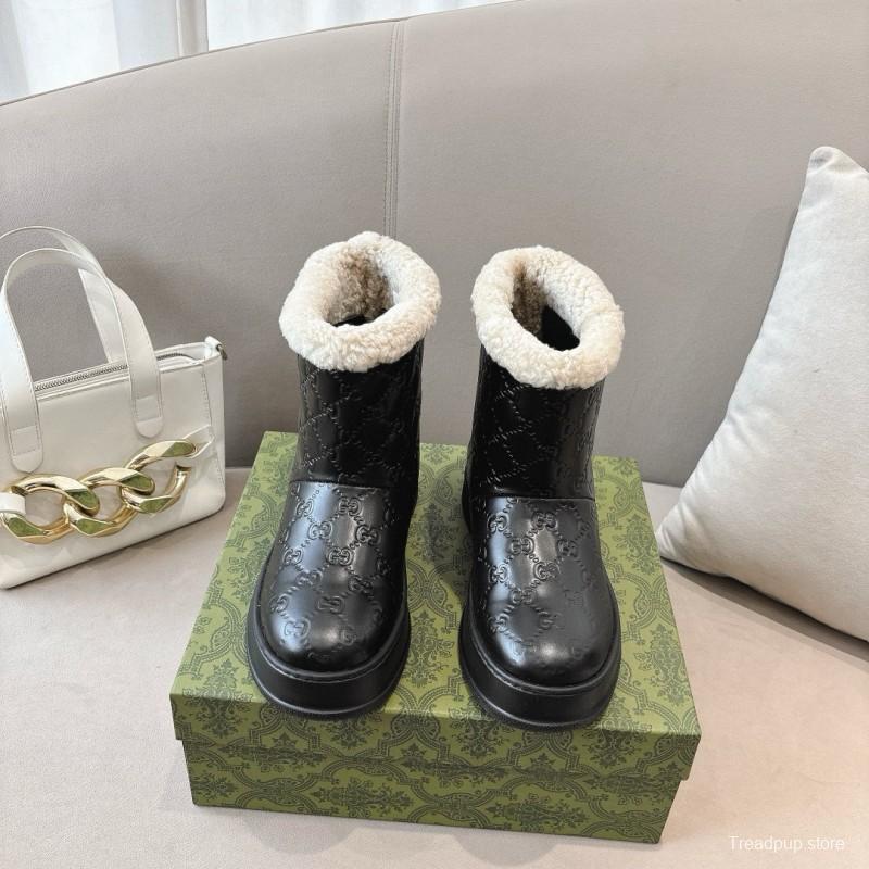 2024 Women Gucci black leather shearling snow boots MJ00350