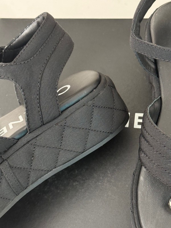 2025 Women Chanel Black Fabric Platform Sandals