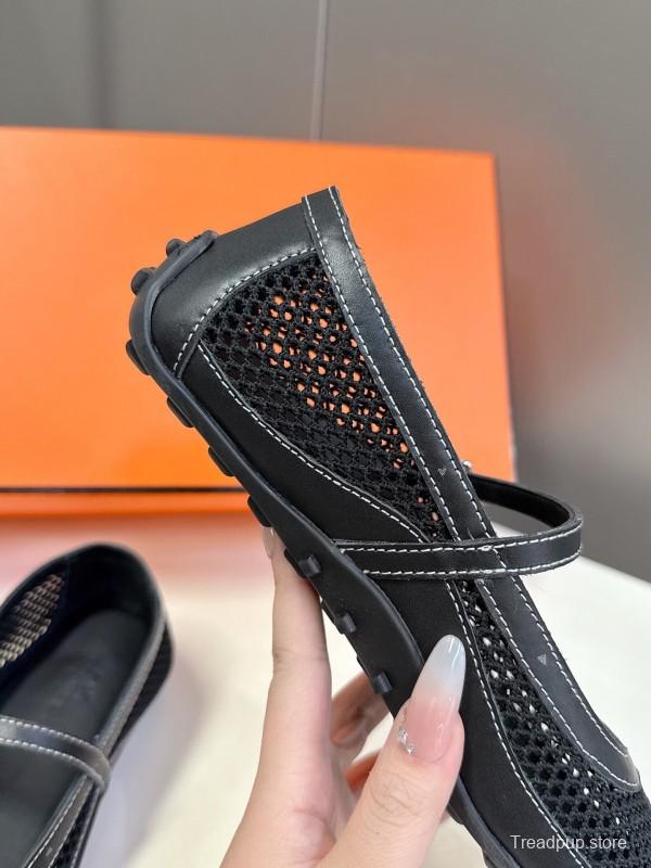 2025 Women Hermès Black Mesh Leather Mary Jane Shoes