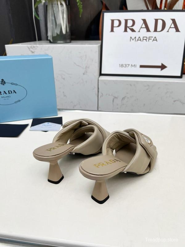 2025 Women Prada Beige Leather Mule Triangle Logo LY00270