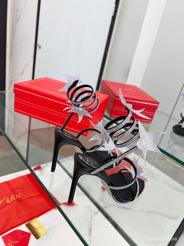 2025 Women RC Black Silver Silk Crystal High Heel Spiral Lace Sandals LY00340
