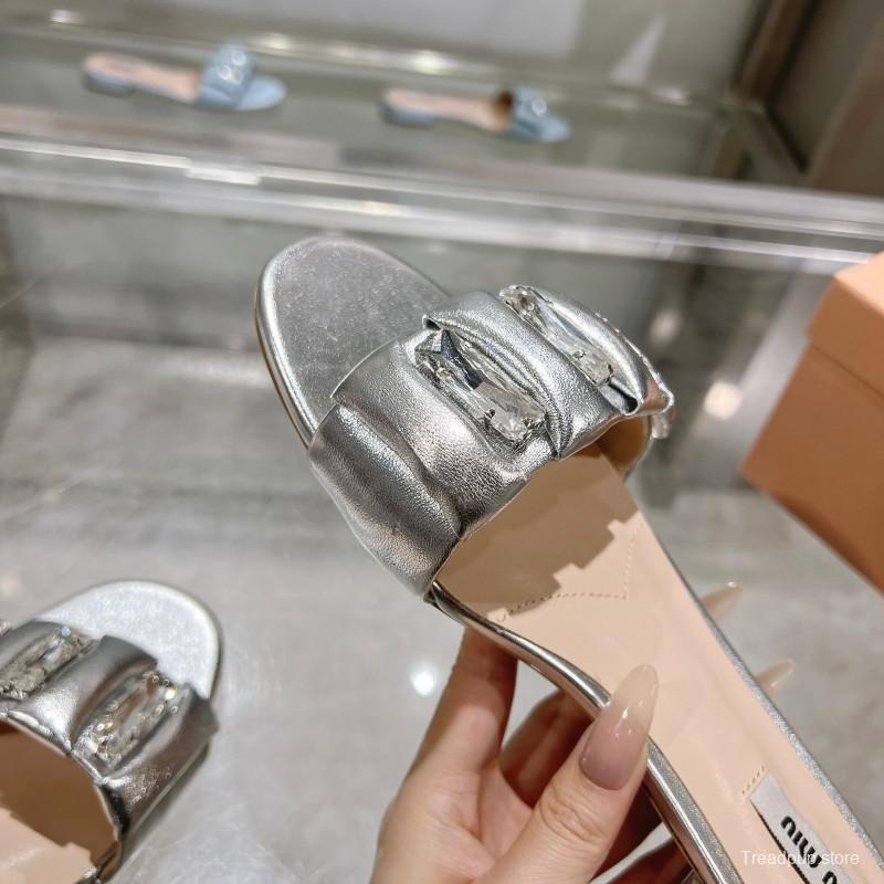 2025 Women Miumiu Silver Metallic Leather Slippers