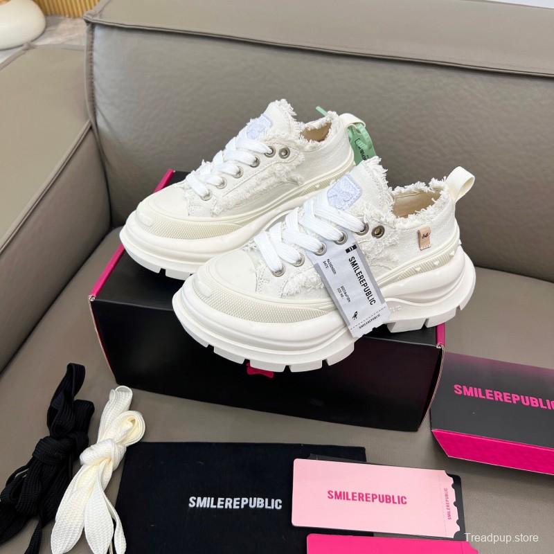2025 Unisex Smile Republic White Canvas Thick Sole Casual Sneakers Frayed Edge LY00291