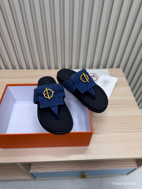 2025 Slippers Hermès Blue Leather Slippers