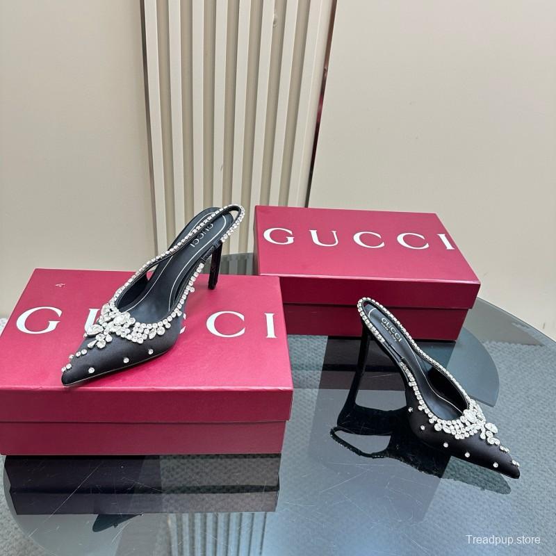 2025 Women Gucci Black Satin Slingback Heels Rhinestone MJ00340