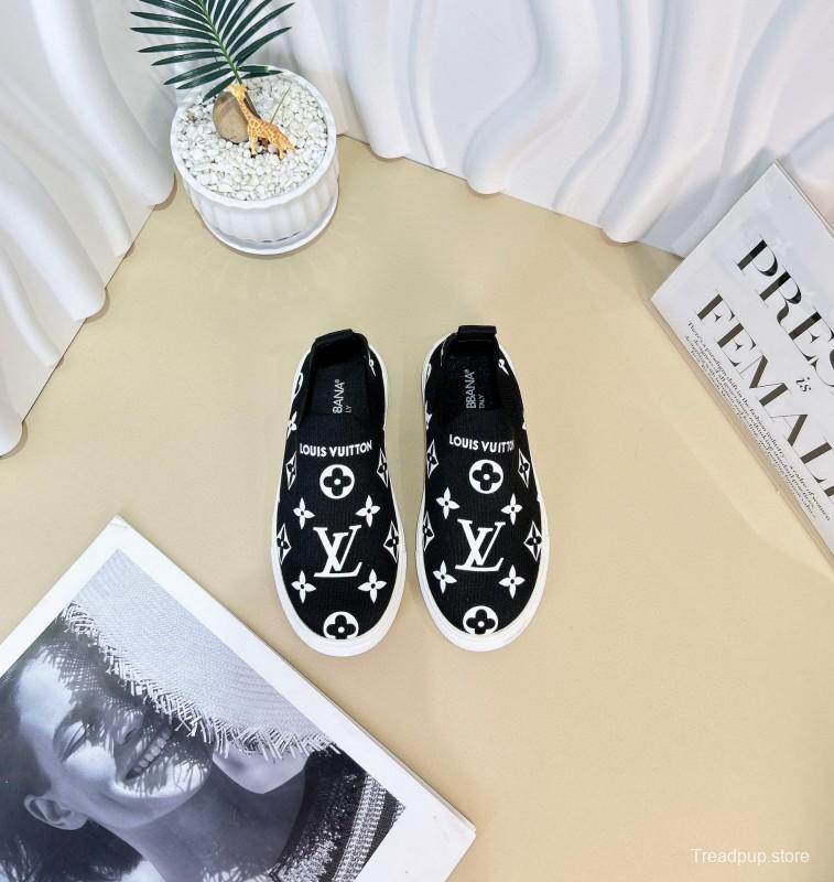 2024 Kids Louis Vuitton White Black Pink Canvas Slip-On Sneakers