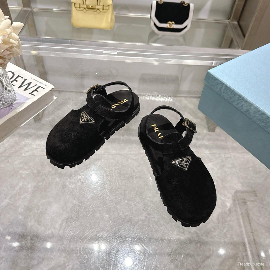 2025 Women Prada Black Suede Sandals LY00270