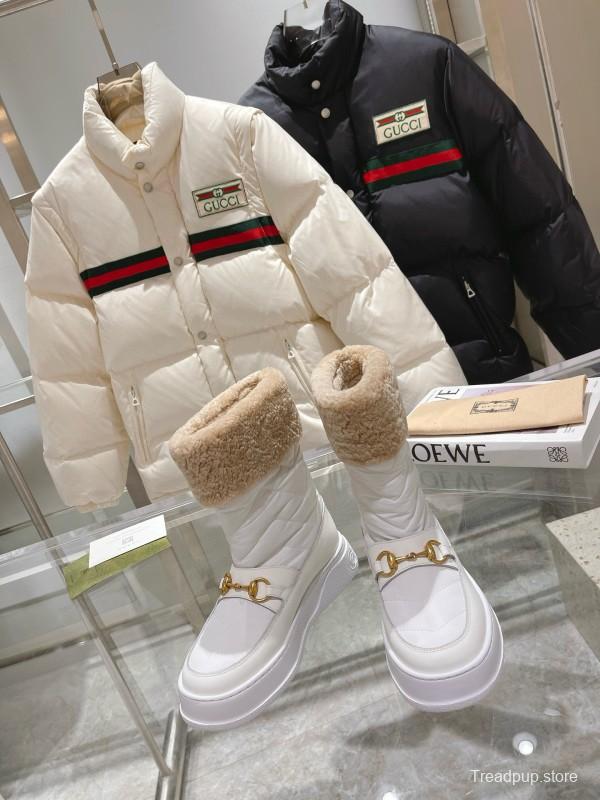 2024 Women Gucci White Sheepskin Snow Boots Gold Hardware