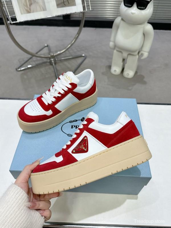 2025 Women Prada Red White Leather Sneakers KFY00310