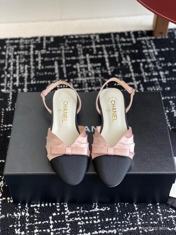 2025 Women Chanel Pink Black Silk Leather Sandals Satin Bow KFY00289