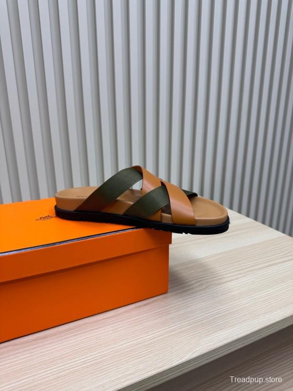 2025 Slippers Hermès Brown Green Leather Fabric Slippers