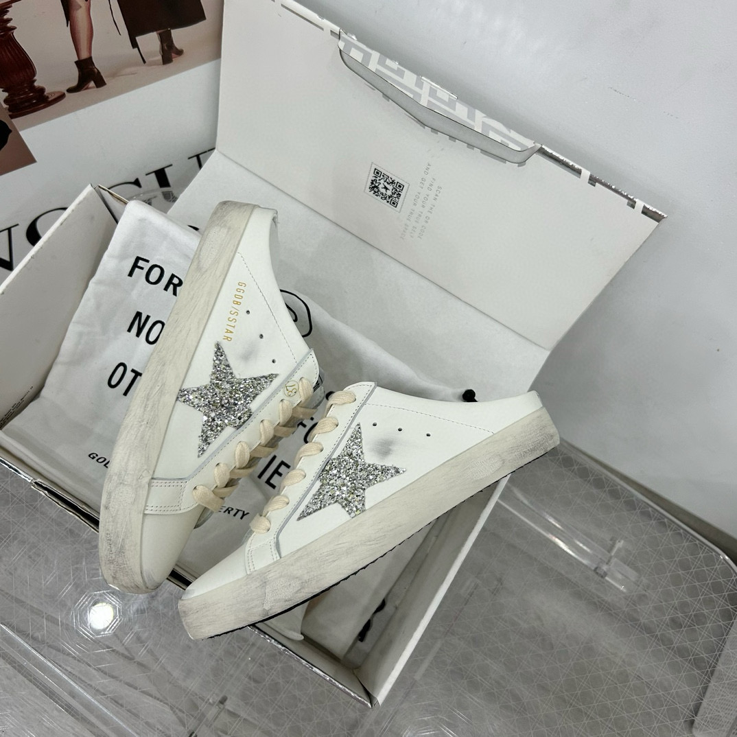 2025 Women GGDB White Silver Leather Suede Star Mules