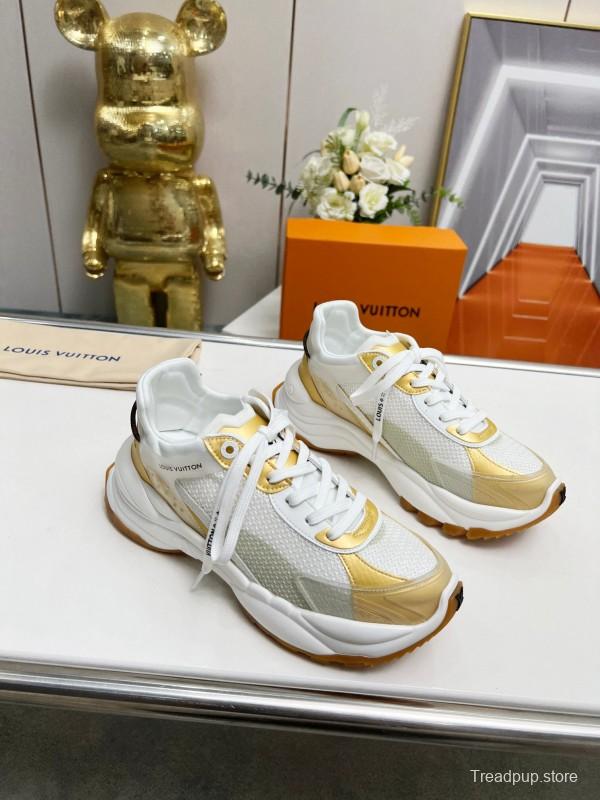 2025 Women Louis Vuitton White Gold Mesh Leather Sneakers LY00340