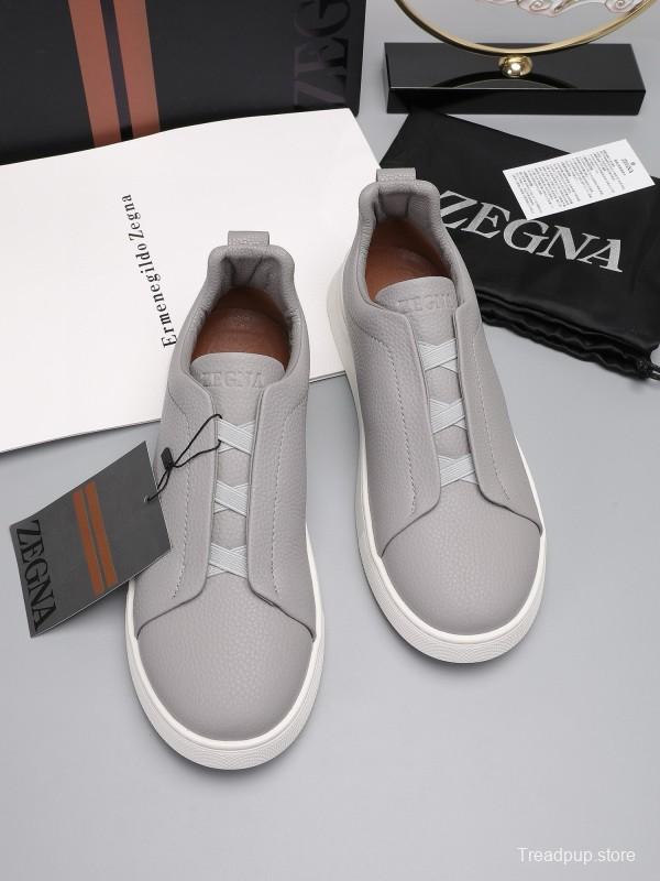 2024 Men Ermenegildo Zegna Grey Leather Low Top Sneakers MJ00240