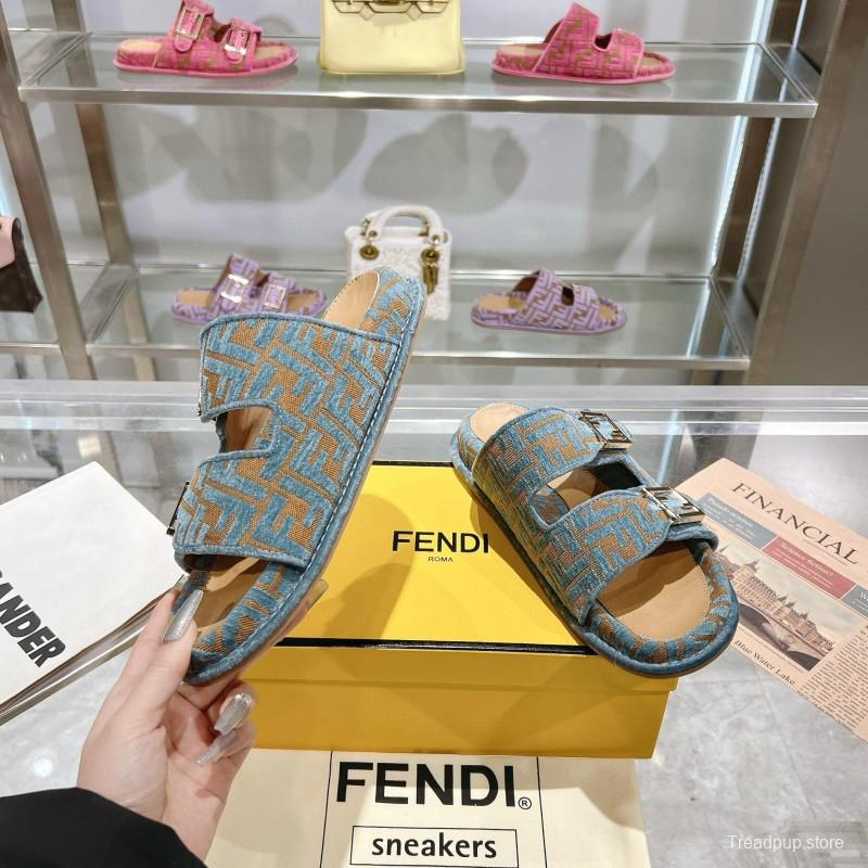 2025 Fendi Blue Beige Jacquard Fabric Slippers Buckle MJ00230