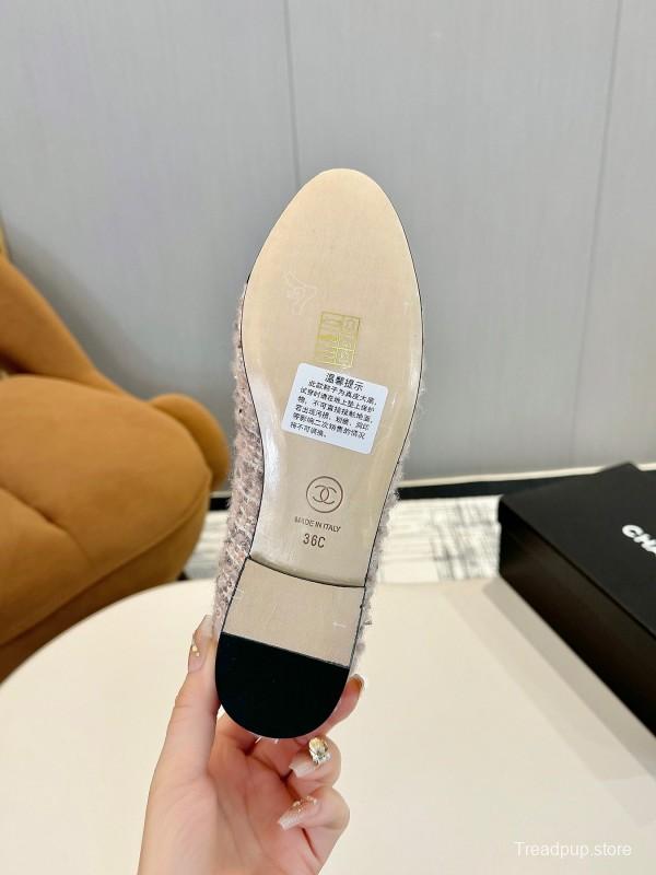 2025 Women Chanel Pink Black Sheepskin Tweed Ballet Flat LY00250