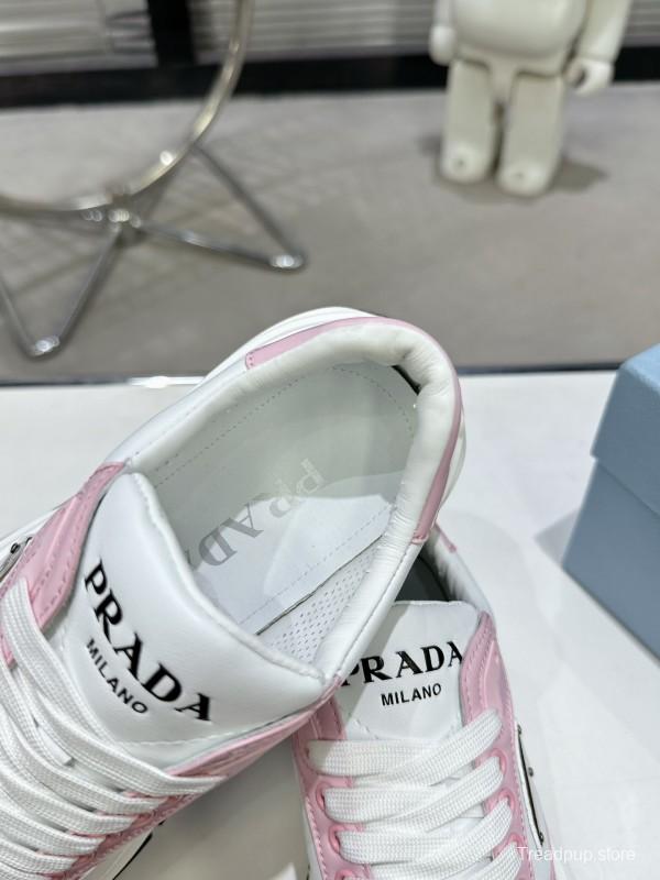 2025 Women Prada White Pink Leather Sneakers