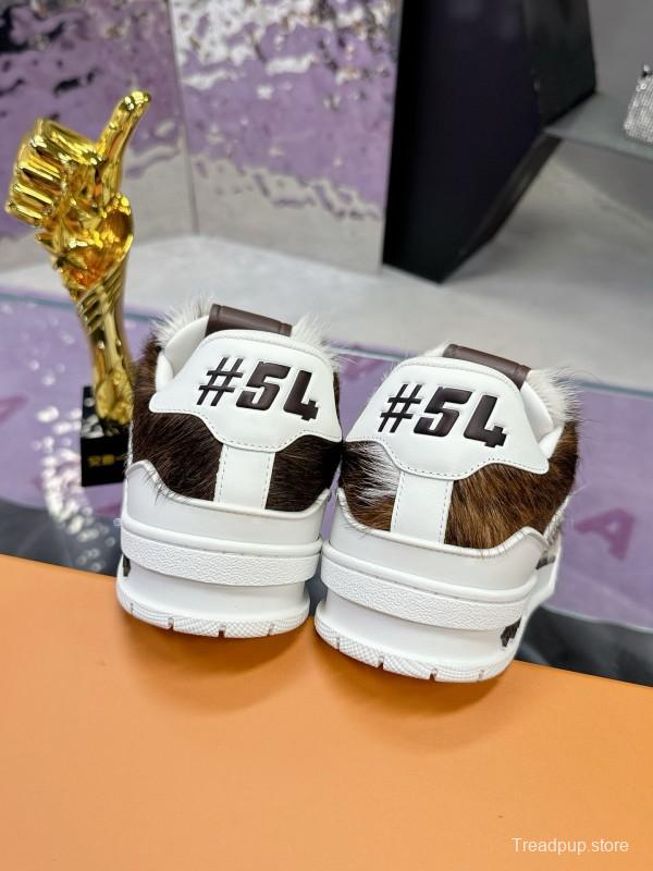 2024 Unisex Louis Vuitton Brown White Leather Calf Hair Plimsolls LV Trainer Maxi MJ00400