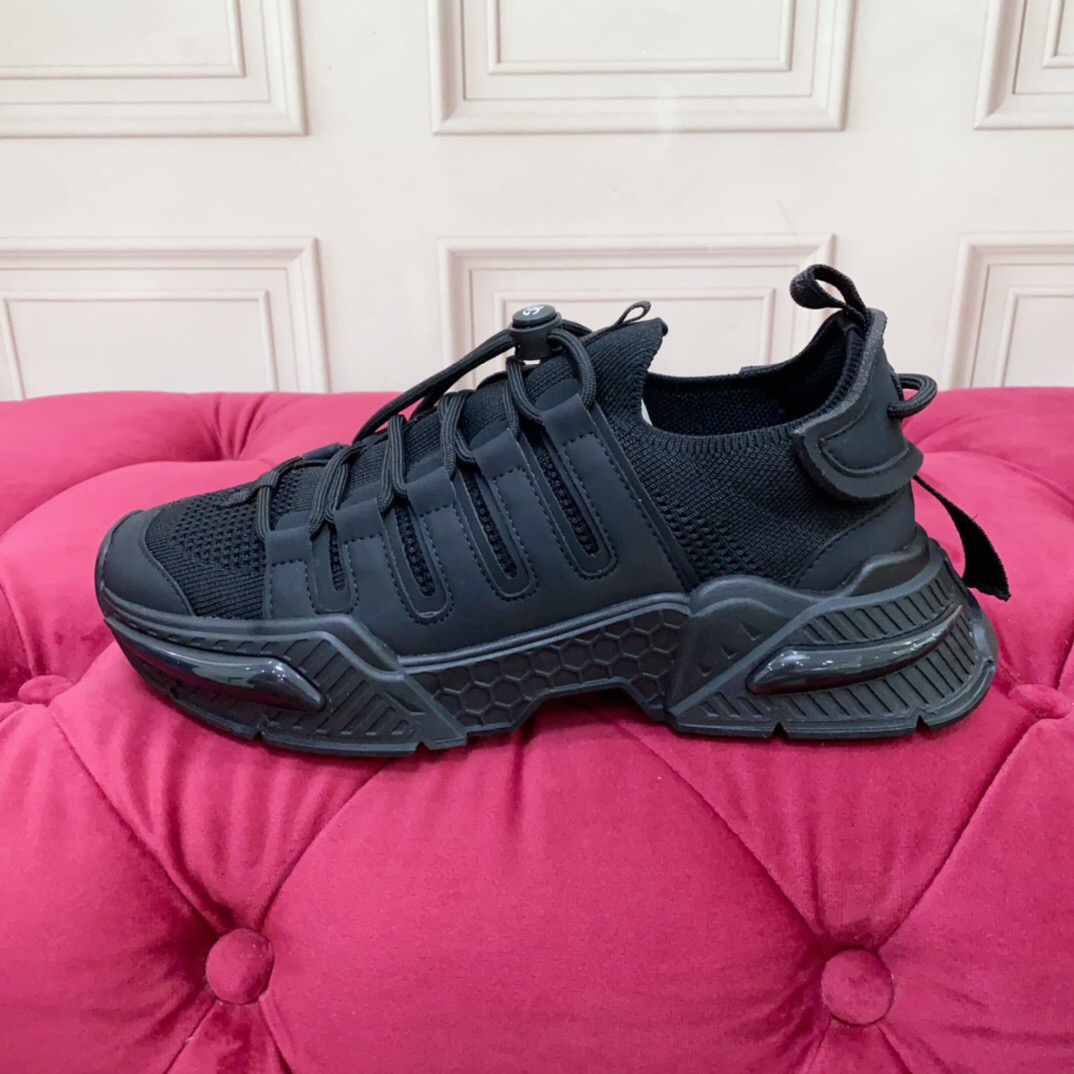 2025 Unisex Dolce & Gabbana Black Leather Knit Sneakers LY00340