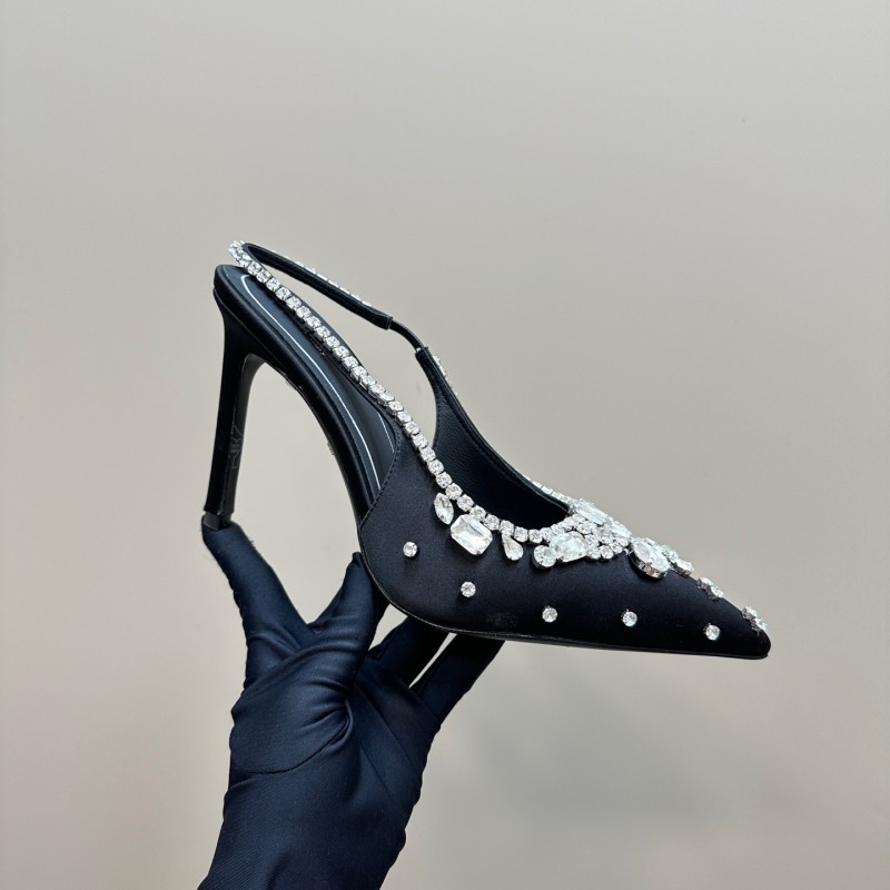 2025 Women Gucci Black Satin Crystal Embellished Slingback Heels