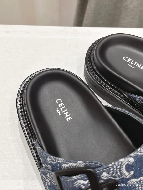 2025/Unisex CELINE Blue Denim Buckled Slide Sandals Stylish Comfort KFY00280