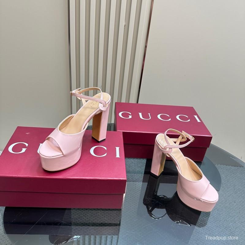 2025 Women Gucci Pink Patent Leather Platform Sandals