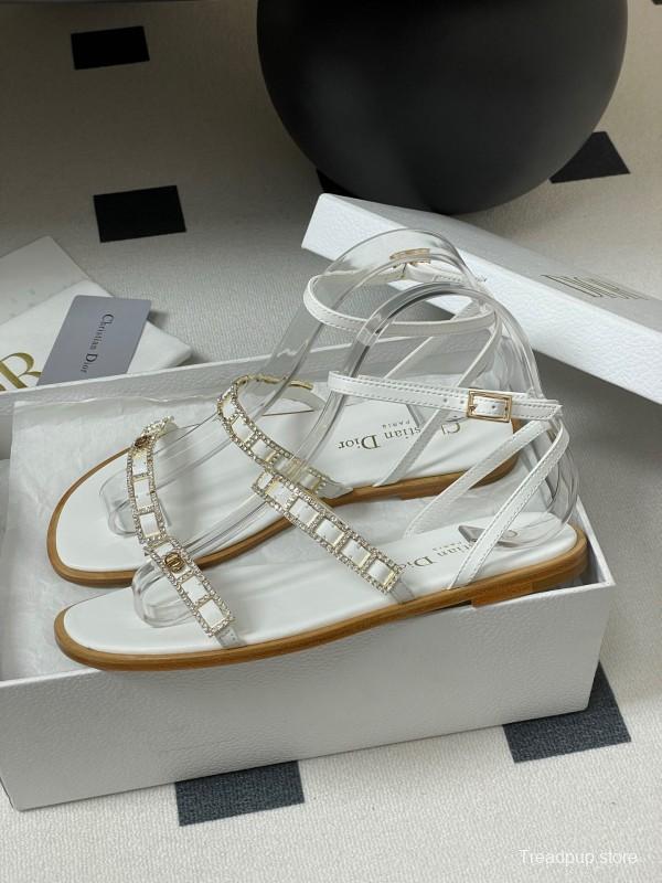 2025 Women Dior White Leather Flat Sandals Crystal Embellishment