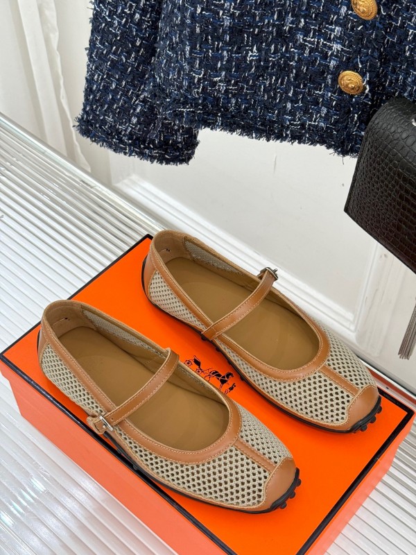 2025 Women Hermès Beige Mesh Leather Mary Jane