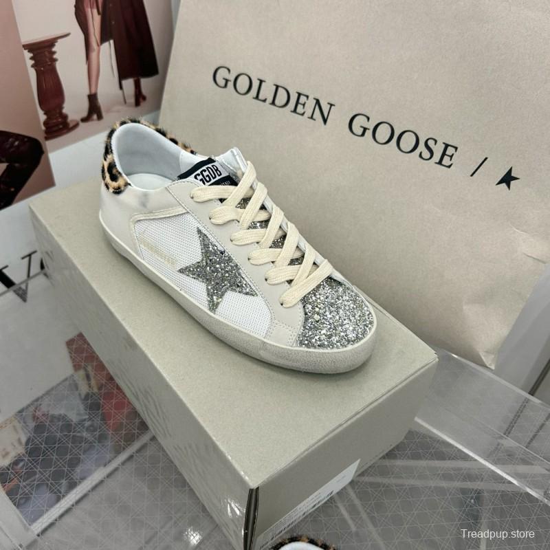 2025 Women GGDB White Silver Leather Glitter Sneakers