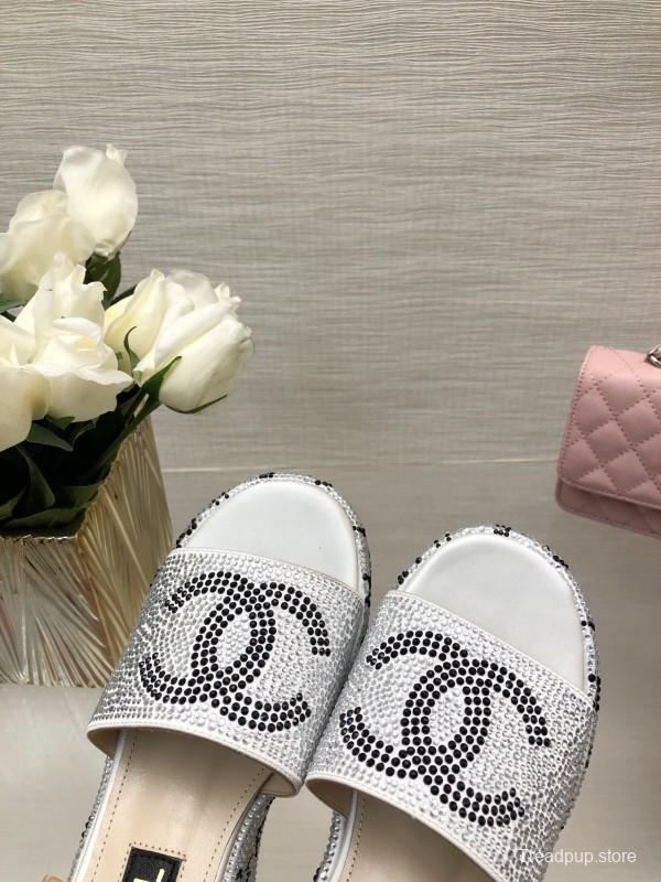2025 Slippers Chanel White Rhinestone Platform Slide LY00330