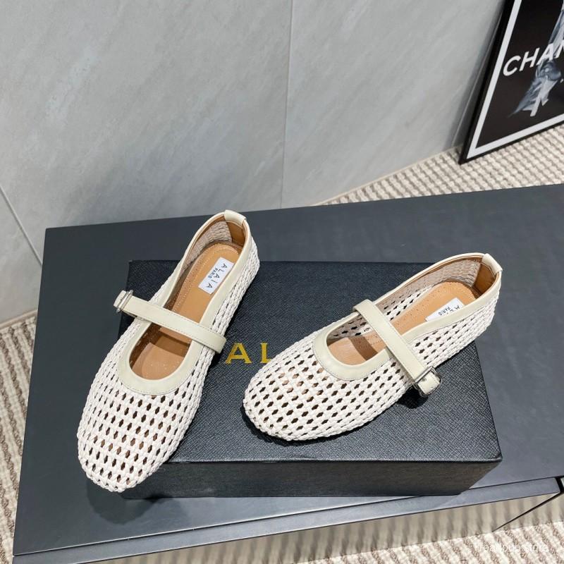 2025 Women Alaïa White Leather Woven Mary Jane Flat Shoes LY00360(F)