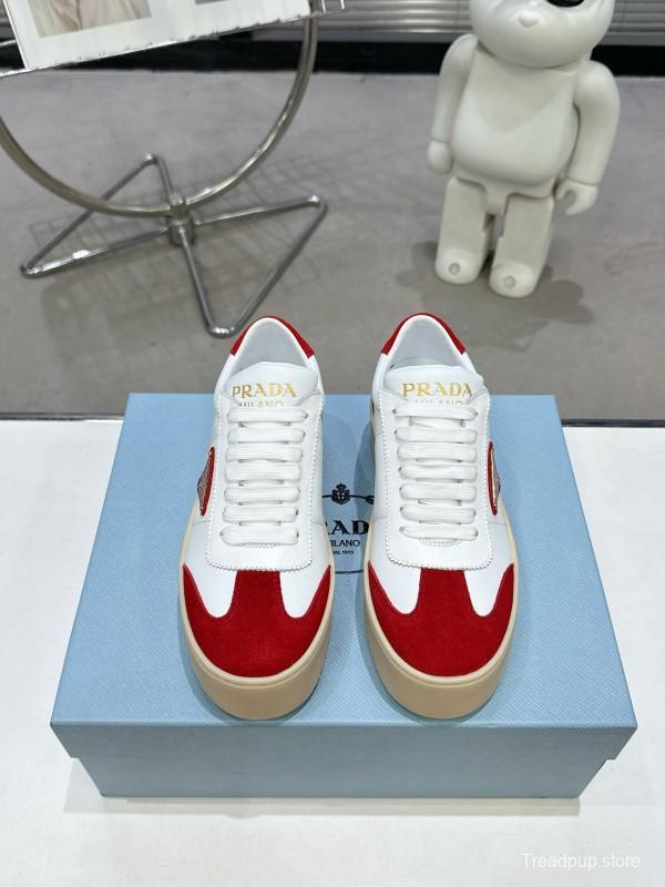 2025 Women Prada White Red Suede Leather Sneakers