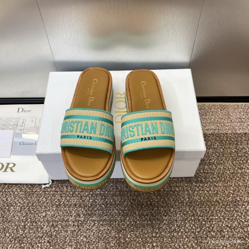 2025 Women Dior Blue Beige Fabric Leather Platform Slide Sandals