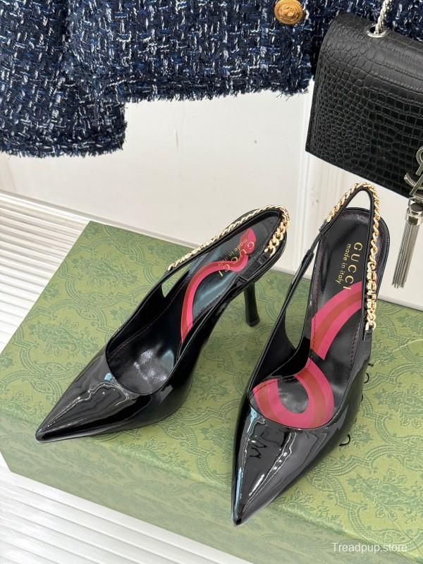 2025 Women Gucci Black Patent Leather Slingback High Heel Chain Detail