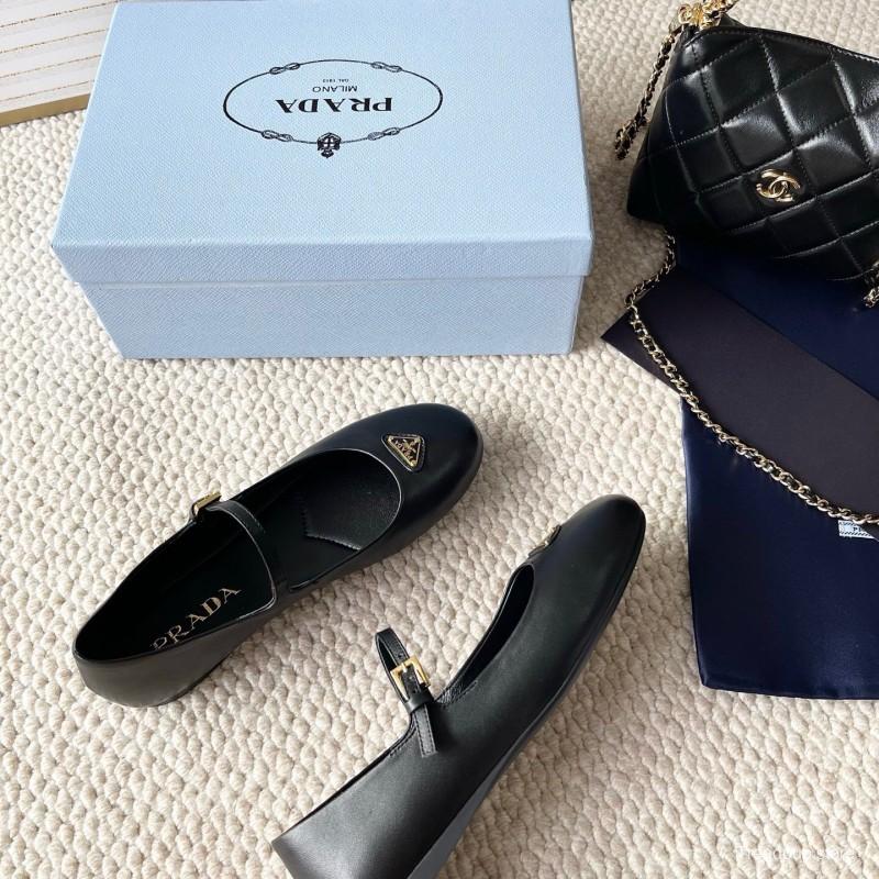 2025 Women Prada Black Leather Mary Jane Flat